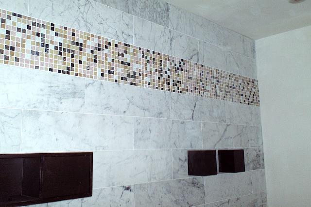Marble Shower with Glass Mosaic Accents Installed